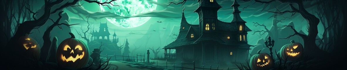 Spooky old wooden haunted house and full moon in scary dark forest. - obrazy, fototapety, plakaty