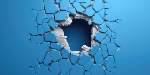 Breaking out of a hole in solid blue wall, torn hole, empty copy space frame, mockup. Generative AI image weber.
