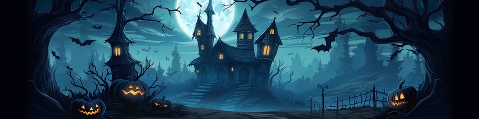 Fototapeta na wymiar Spooky old wooden haunted house and full moon in scary dark forest.