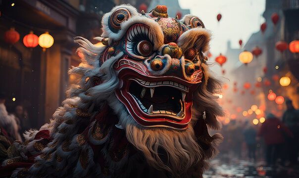 Chinese lion dance on street, Celebrating Chinese New Year