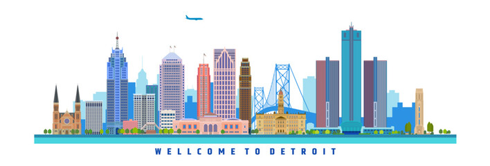 Fototapeta na wymiar Famous buildings of the city of Detroit, vector illustration on travel theme, United States of America
