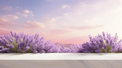 Foto op Canvas Lavender podium flower background purple product nature platform stand summer 3d table. Cosmetic podium lilac abstract field studio beauty flower spring lavender floral display plant backdrop crystal. © Максим Зайков