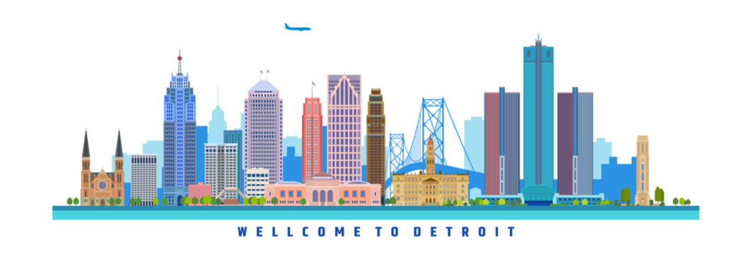 Famous buildings of the city of Detroit, vector illustration on travel theme, United States of America