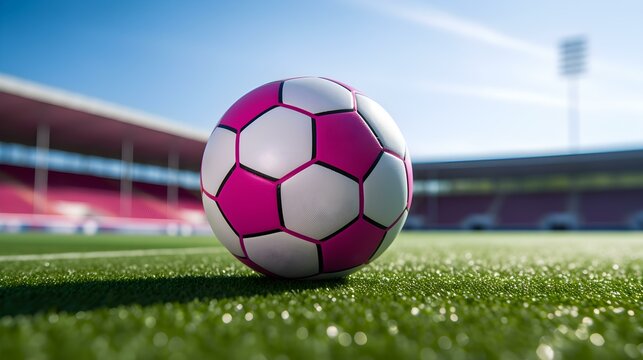 Close up of a Soccer Ball with white and magenta Patterns. Blurred Football Pitch Background