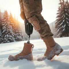 military man with prosthetic leg on winter background. ai generative - obrazy, fototapety, plakaty