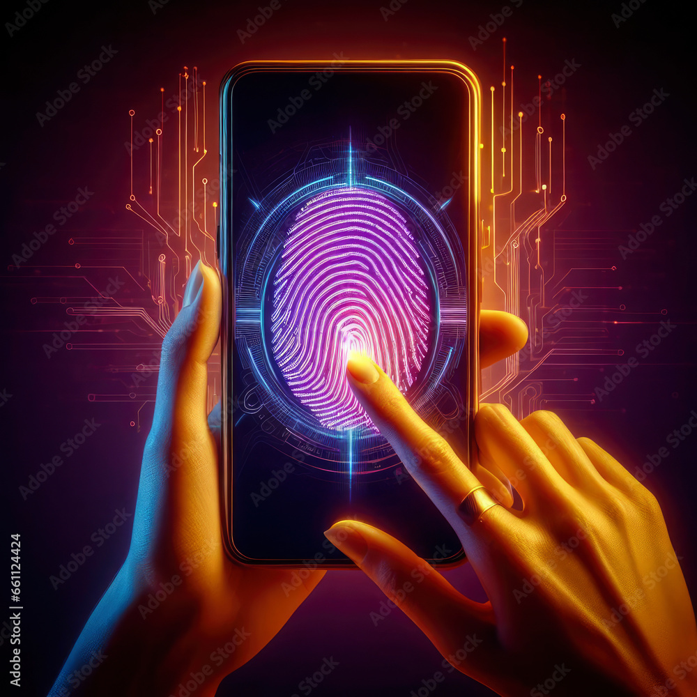 Aufkleber hologram biometric data fingerprint in smartphone. ai generative