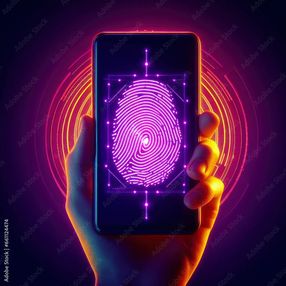 Aufkleber hologram biometric data fingerprint in smartphone. ai generative