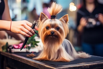Yorkshire terrier in a dog grooming salon