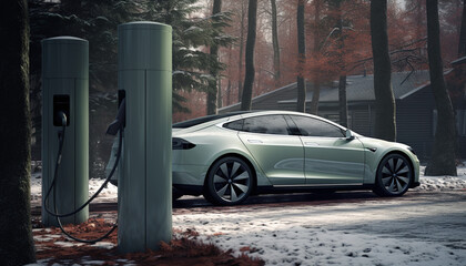 Winter Woodland Daytime Scene: Electric Car Charging at a Plug Point