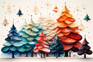 Illustration of red color Christmas trees, autumn forest.