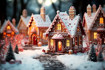 A cute Christmas gingerbread house, beautifully decorated with sweet icing. Christmas baking concept. - obrazy, fototapety, plakaty