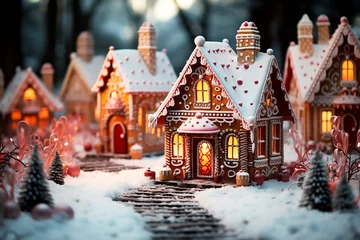 Fotobehang A cute Christmas gingerbread house, beautifully decorated with sweet icing. Christmas baking concept. © Katerina Bond