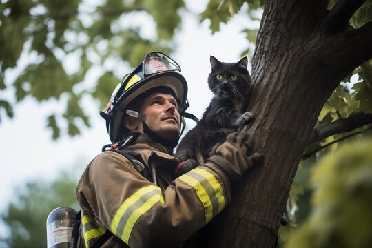 rescue of a cat in a tree by a firefighter 
