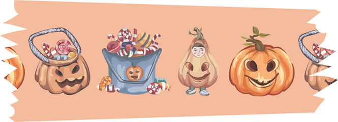 Halloween washi tape on transparent background.