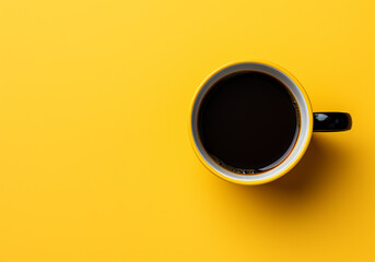 Black coffee cup on a yellow background. Minimalist concept. Viewed from above. AI generated