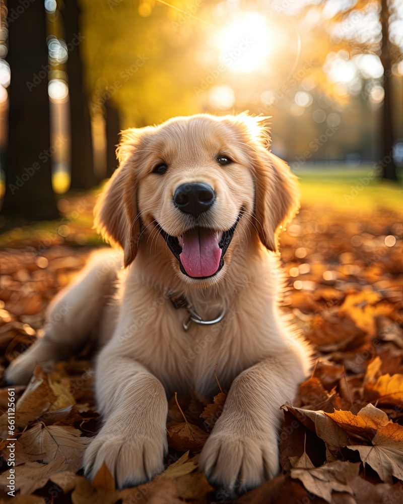 Wall mural cute happy puppy dog on the grass in the park