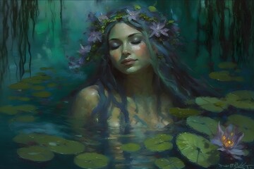 Fototapeta premium the lady of the lake floating in a luscious swamp Lilies and garlands or flowers in her hair Drifting peacefully eyes closed Cerulean colour palette purples and greens natural desaturated Oil 