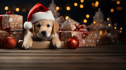 Cute puppy Labrador Retriever dog with red Christmas Santa hat. Generative AI. - obrazy, fototapety, plakaty