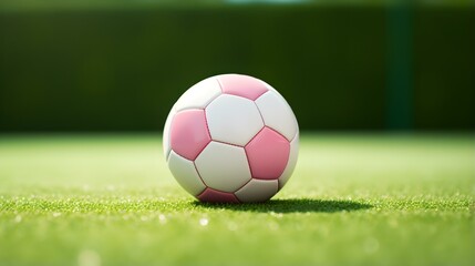 Close up of a Soccer Ball with white and pink Patterns. Blurred Football Pitch Background