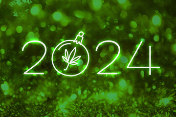 Abstract festive green New Year 2024 background with cannabis leaves. Backdrop made of marijuana leaves and bokeh with New Year's numbers. Template for New Year's design - obrazy, fototapety, plakaty