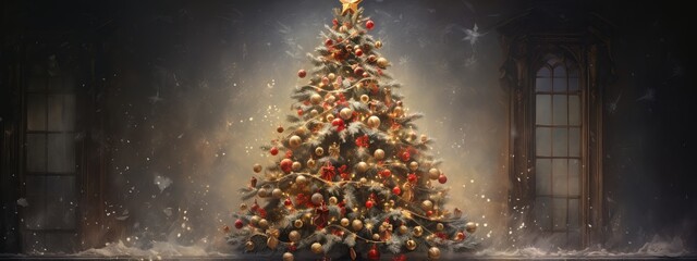 festive greeting christmas tree with snow shiny ball and greeting decorative xmas celebrate background happiness joyful christmas new year backdrop