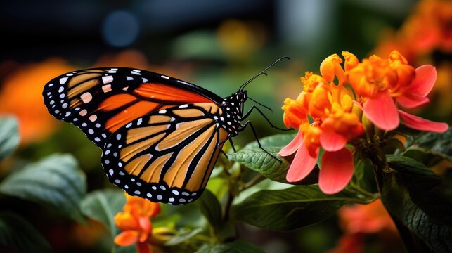 Experience the wonder of nature as a Monarch butterfly, adorned in orange and black, finds solace on a blossoming plant in a captivating butterfly pavilion