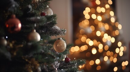 Obraz na płótnie Canvas christmas celebrate festive greeting joyful happiness background christmas tree fireplace with kighting bokeh and decorating items blur bokeh background