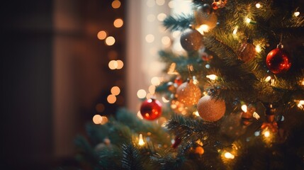 Fototapeta na wymiar christmas celebrate festive greeting joyful happiness background christmas tree fireplace with kighting bokeh and decorating items blur bokeh background
