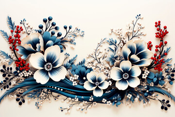 Decorative floral pattern: illustration of large blue flowers on a white background.