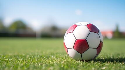 Close up of a Soccer Ball with white and red Patterns. Blurred Football Pitch Background