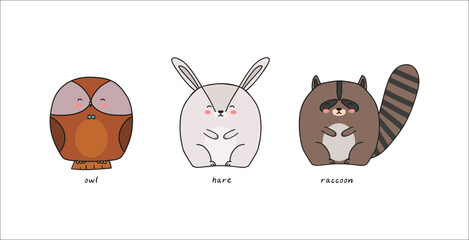 set of funny animals, hare, owl, raccoon, doodle colorful vector illustration