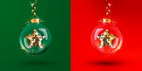 Christmas tree decorations glass transparent balls with a gold star. Set of Christmas balls with a...