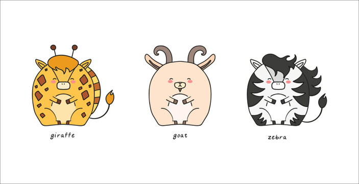 set of funny animals, giraffe, zebra, urial, goat, doodle colorful vector illustration
