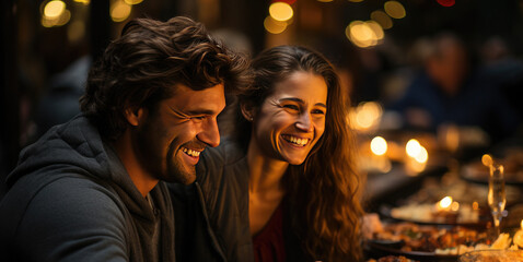 Happy man and woman celebrating Christmas, date, meeting.Happy New Year and Merry Christmas