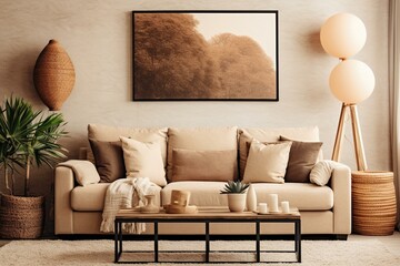 Inviting and comfortable living room with brown sofa, pouf, beige carpet, lamp, framed artwork, decor, plant, and coffee table. Generative AI