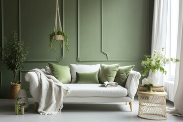 White sofa with green decor. Generative AI