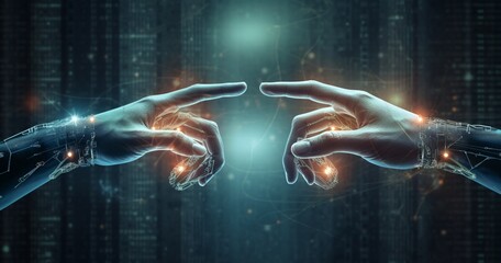 Fototapeta premium Hand of businessman touching hand artificial intelligence meaning technology connection