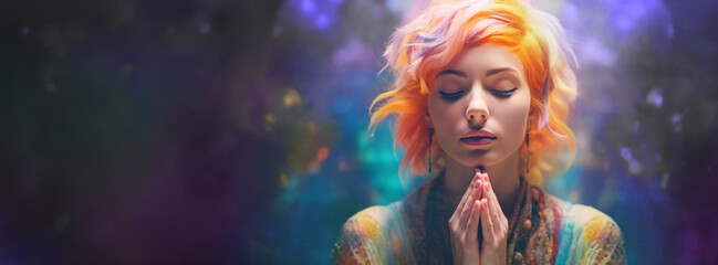 A colourful hair Gen Z girl on a journey to self-exploration of the mind with a psychedelic background