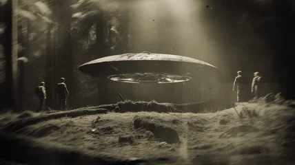Zelfklevend Fotobehang Top Secret Military Noisy Photography Archive Showing a Captured Flying Saucer 1958 © LAYER-LAB