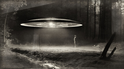 Old film photography of a man walking underneath a flying saucer at night, location unknown