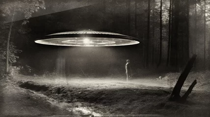 Papier Peint photo autocollant UFO Old film photography of a man walking underneath a flying saucer at night, location unknown
