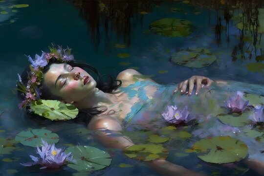 the lady of the lake floating in a luscious swamp Lilies and garlands or flowers in her hair Drifting peacefully submerged on her back eyes closed Cerulean colour palette purples and greens natural 