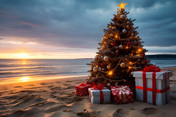 Holiday Joy on the Sandy Shores, A Festive Christmas Tree and Gifts Adorn the Beach - obrazy, fototapety, plakaty