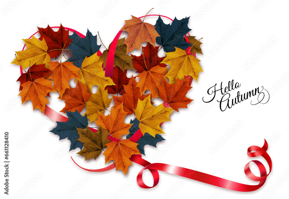 Aufkleber autumn colorful forest leaves in the shape of a heart framed by a red sparkling ribbon. sale frame. 