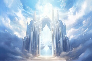 Illustration showing ethereal gates amidst blue sky and fog. Generative AI