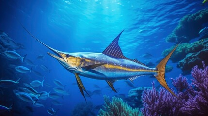 Naklejka na ściany i meble Giant atlantic tropical sea blue marlin underwater at bright and colorful coral reef