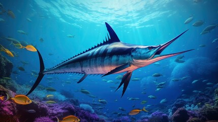 Obraz premium Giant atlantic tropical sea blue marlin underwater at bright and colorful coral reef