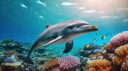 Giant tropical dolphin underwater at bright and colorful coral reef