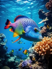 Naklejka na ściany i meble Giant beautiful tropical sea fish underwater at bright and colorful coral reef