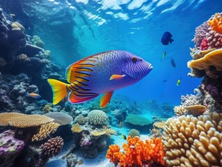 Naklejka na ściany i meble Giant beautiful tropical sea fish underwater at bright and colorful coral reef